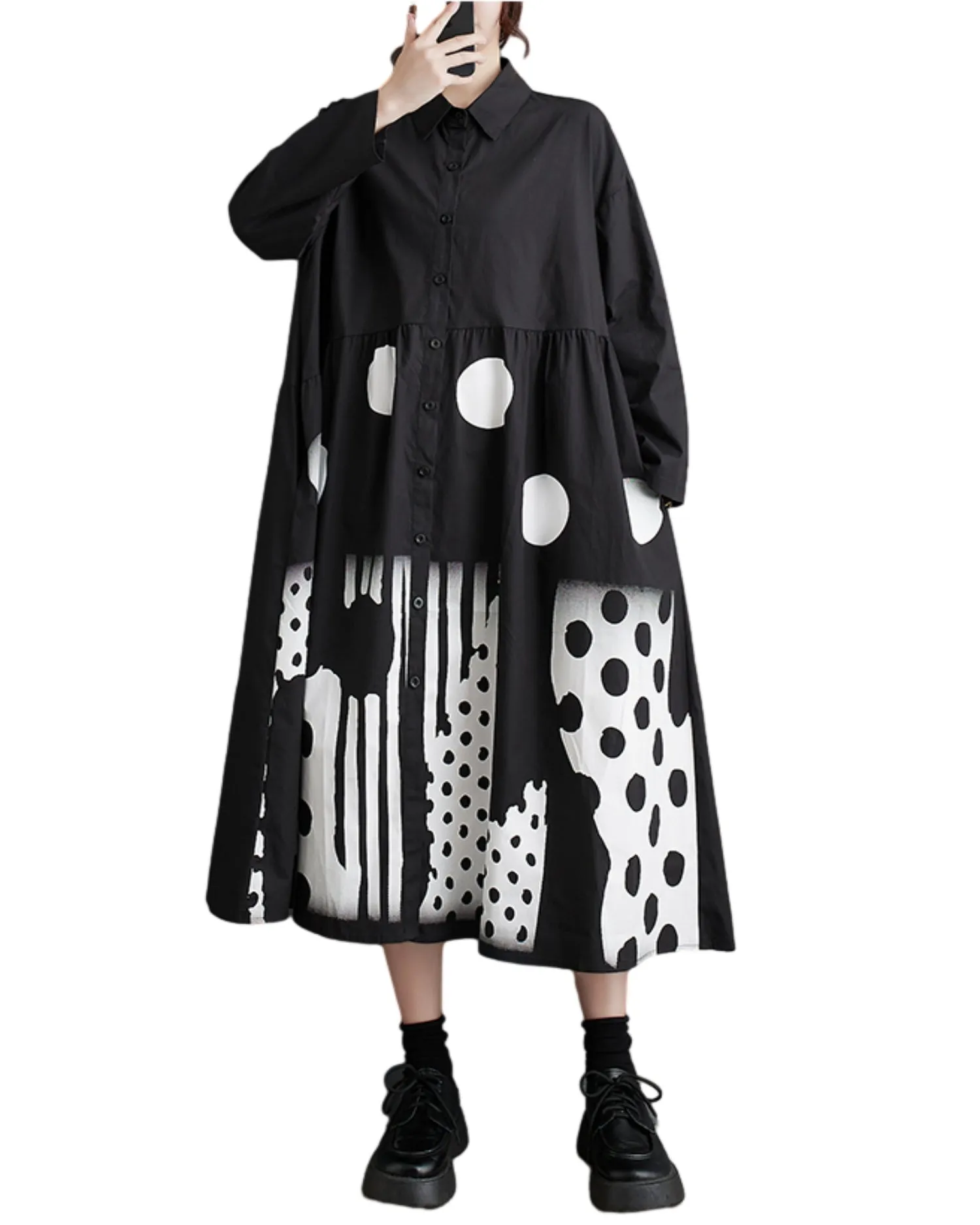 ellazhu Women's Long Sleeves Printed Shirt Long Dress with Polka Dots GZ19
