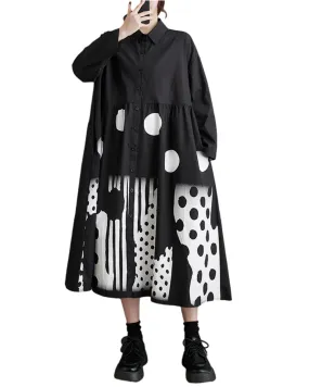 ellazhu Women's Long Sleeves Printed Shirt Long Dress with Polka Dots GZ19