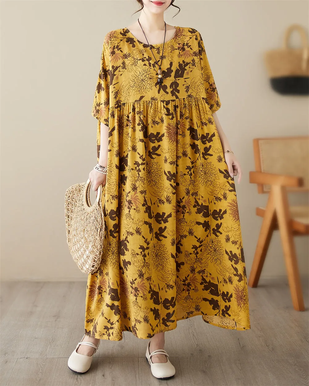 ellazhu Women's Summer Short Sleeve Maxi Length Floral Patchwork Dress GA2677