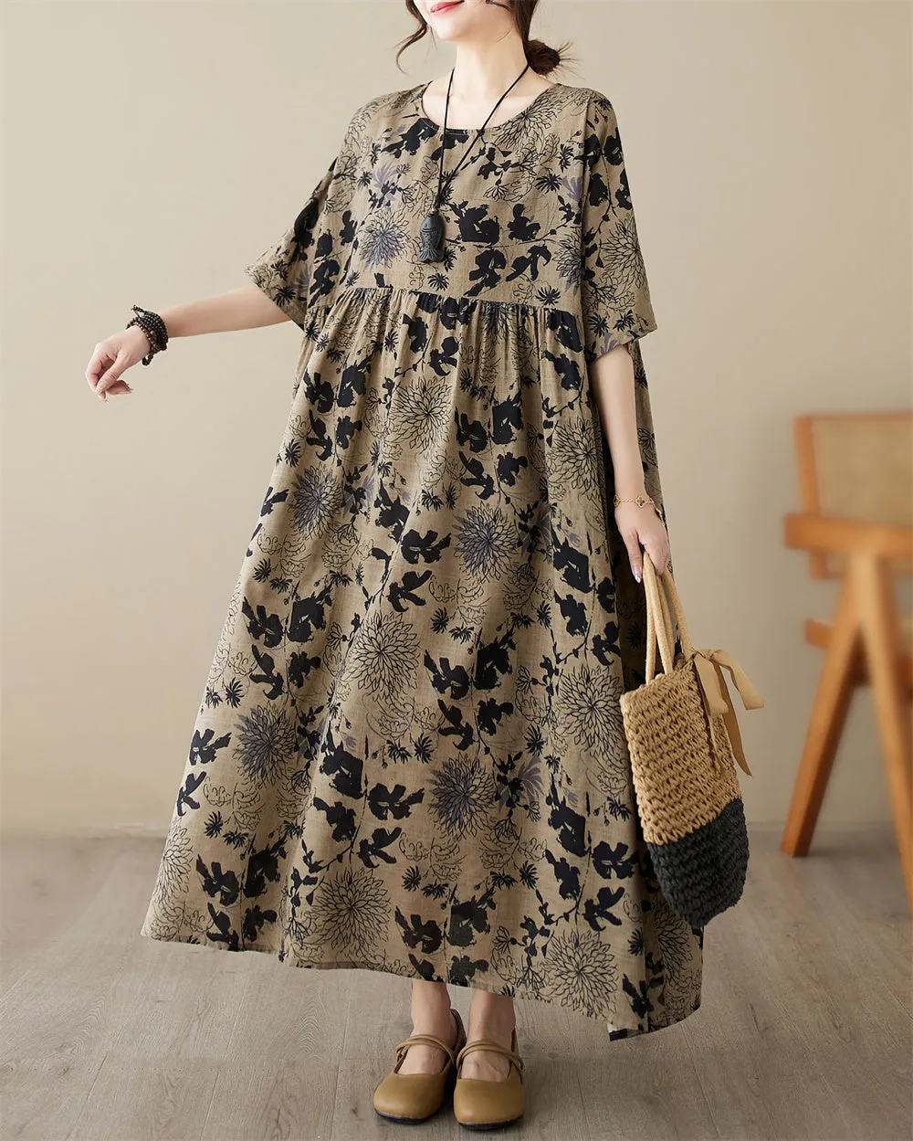 ellazhu Women's Summer Short Sleeve Maxi Length Floral Patchwork Dress GA2677