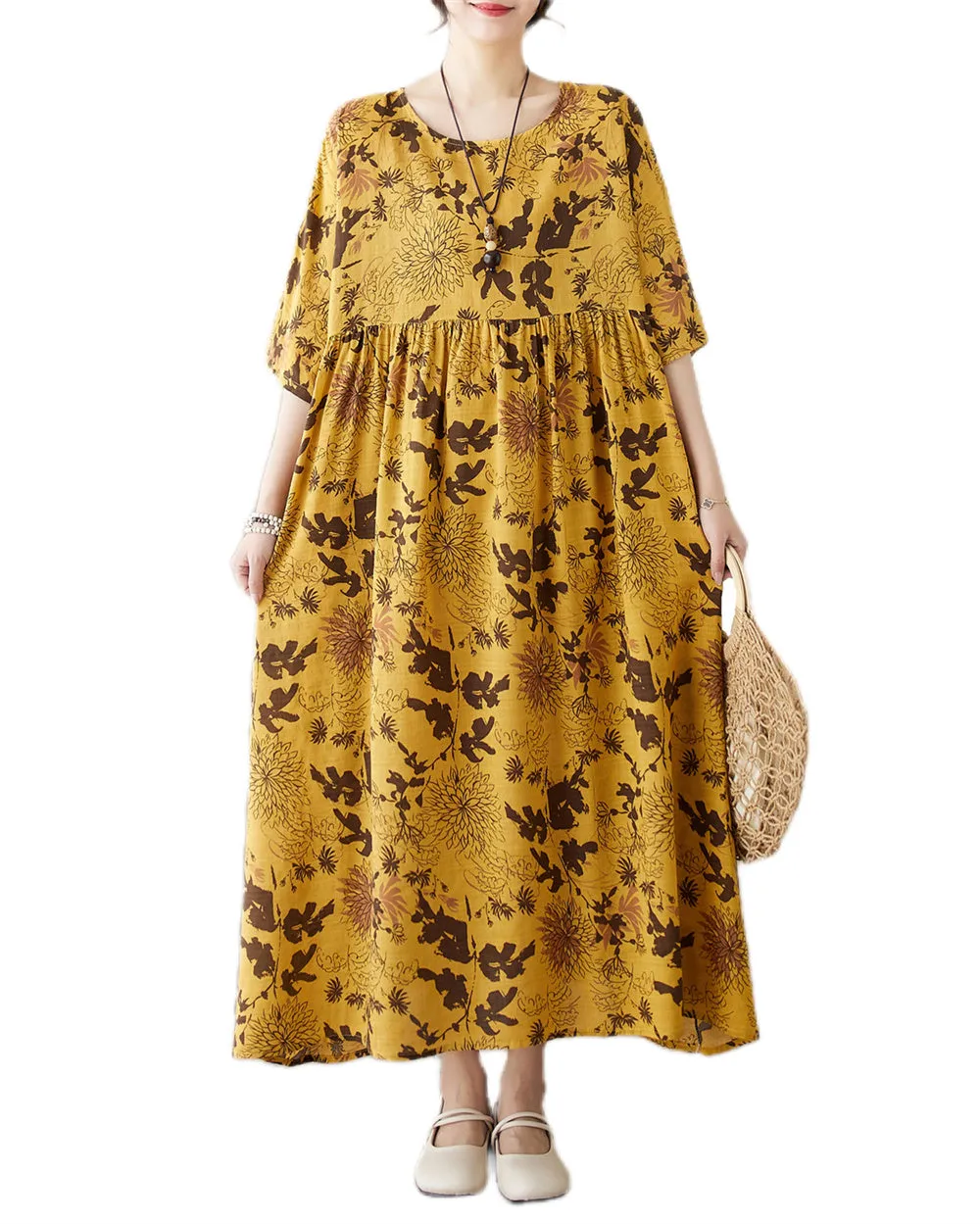 ellazhu Women's Summer Short Sleeve Maxi Length Floral Patchwork Dress GA2677