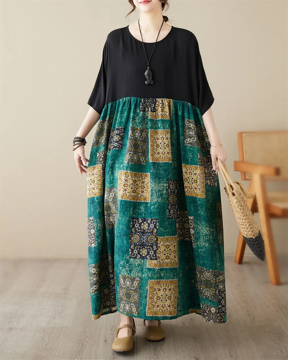 ellazhu Women's Summer Short Sleeve Maxi Length Floral Patchwork Dress GA2677