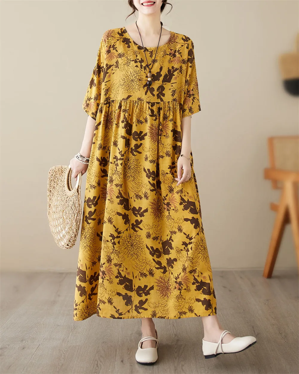 ellazhu Women's Summer Short Sleeve Maxi Length Floral Patchwork Dress GA2677