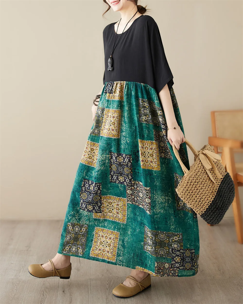 ellazhu Women's Summer Short Sleeve Maxi Length Floral Patchwork Dress GA2677