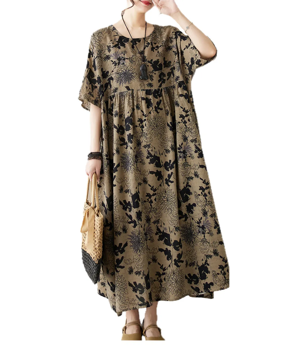 ellazhu Women's Summer Short Sleeve Maxi Length Floral Patchwork Dress GA2677
