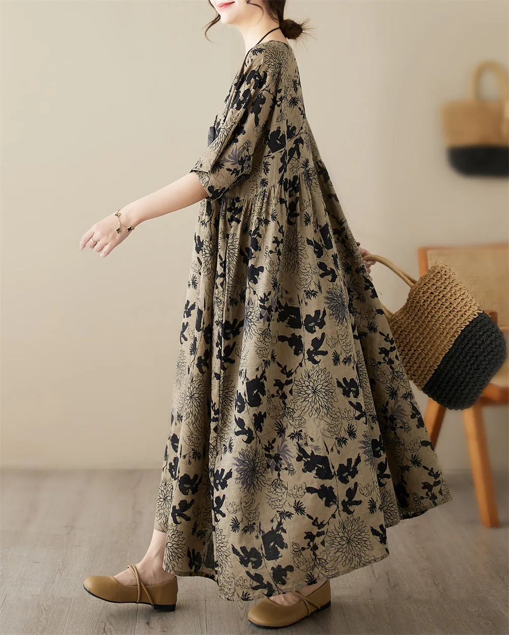 ellazhu Women's Summer Short Sleeve Maxi Length Floral Patchwork Dress GA2677