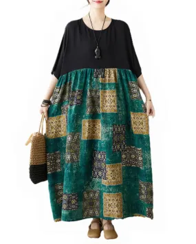 ellazhu Women's Summer Short Sleeve Maxi Length Floral Patchwork Dress GA2677