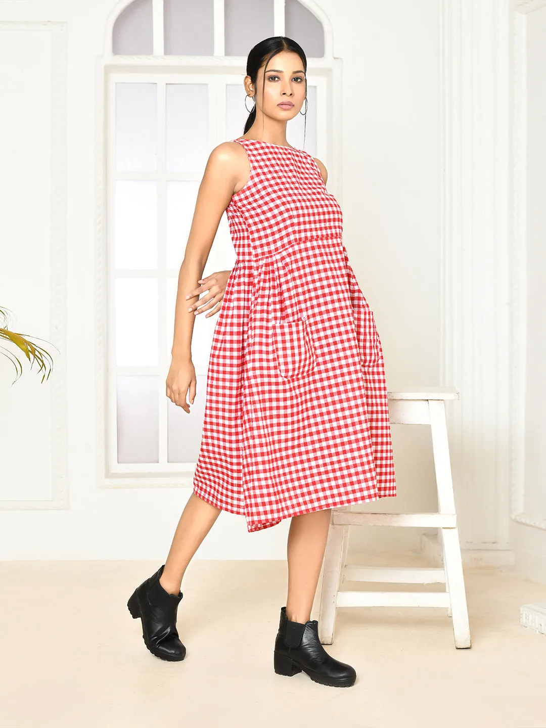 Emera Red Handloom Cotton Deep-Halter Dress