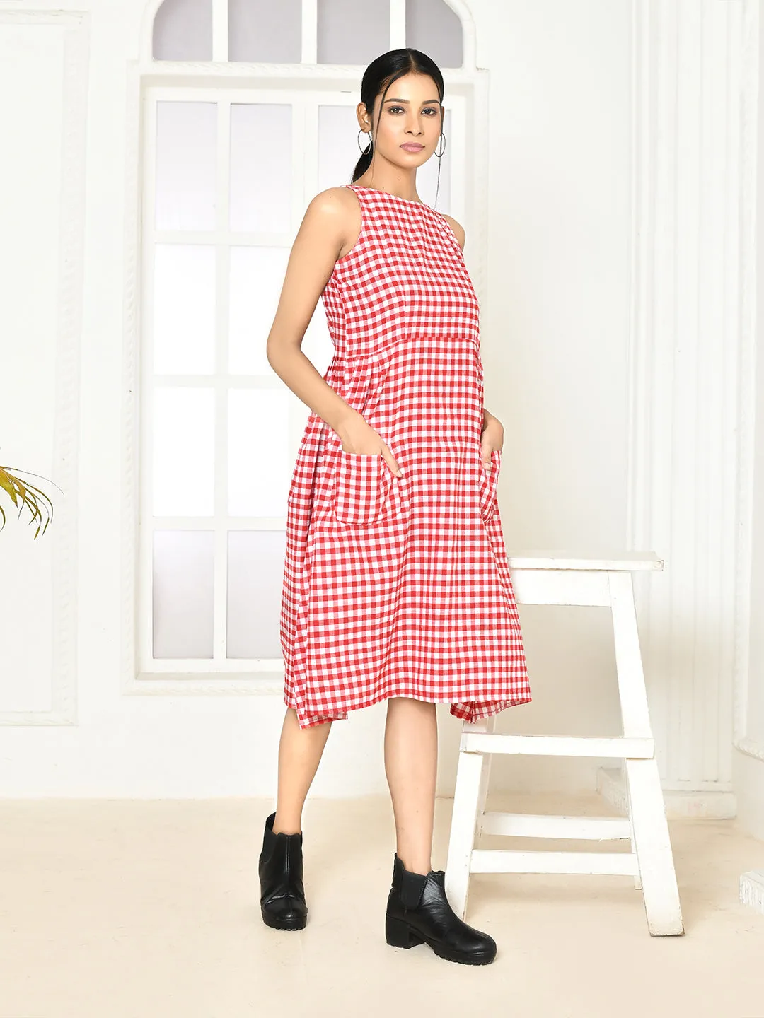 Emera Red Handloom Cotton Deep-Halter Dress
