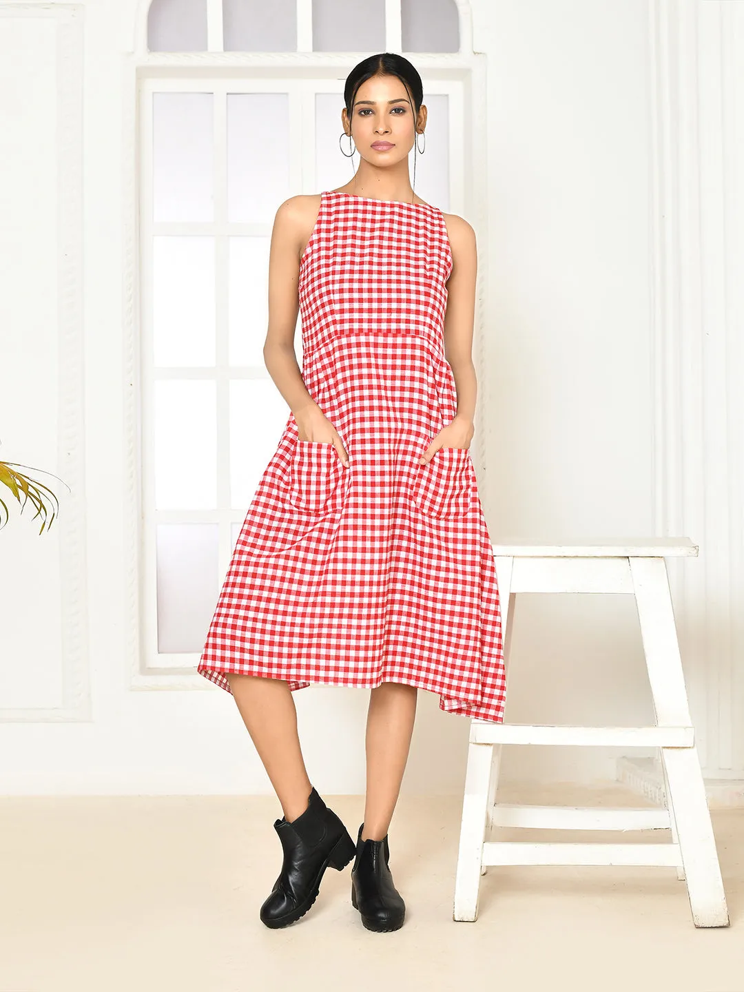 Emera Red Handloom Cotton Deep-Halter Dress