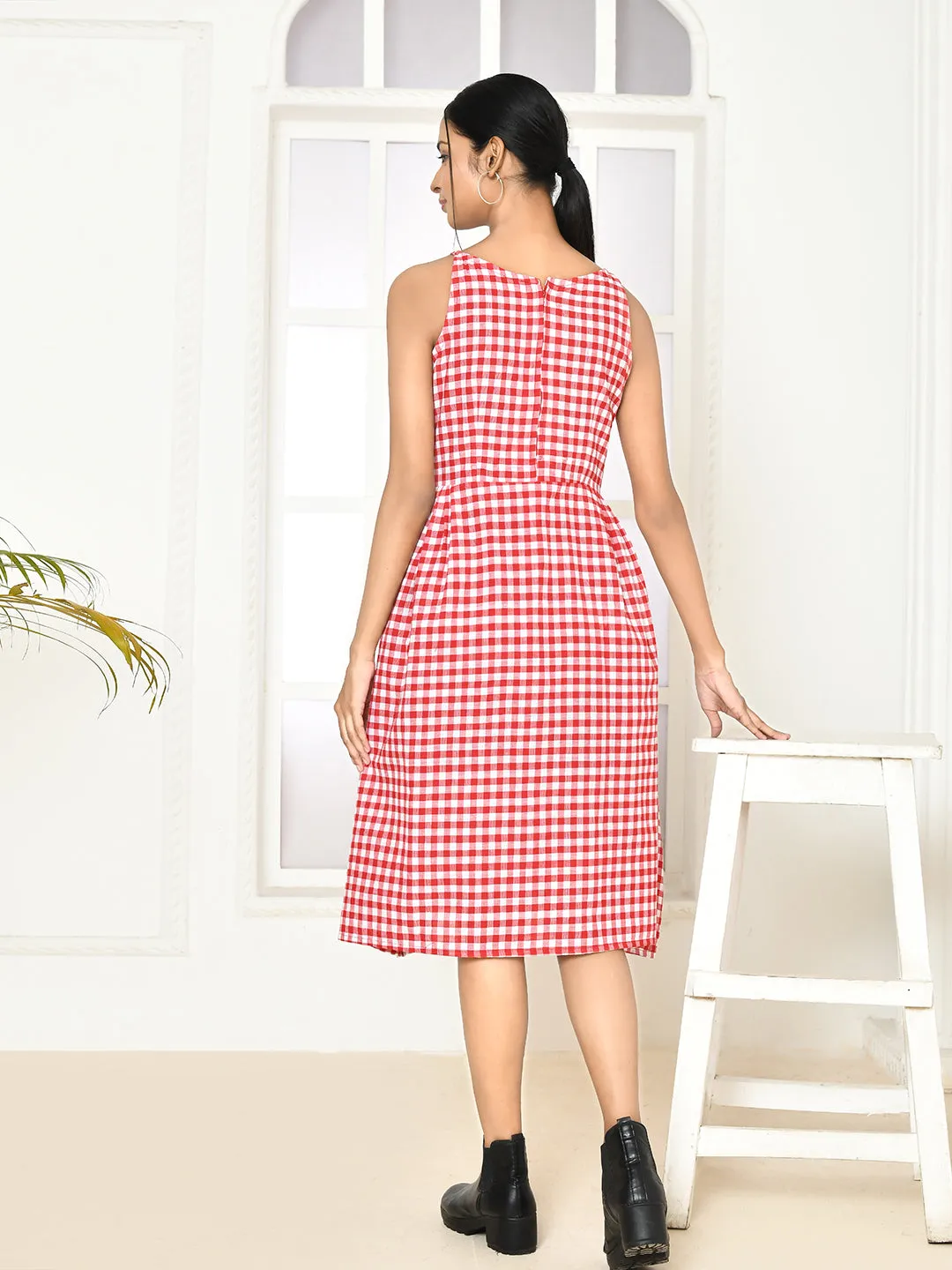 Emera Red Handloom Cotton Deep-Halter Dress