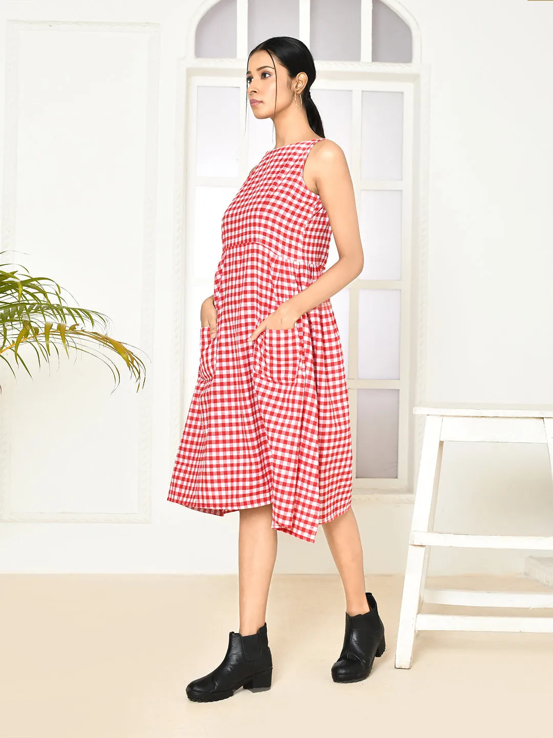 Emera Red Handloom Cotton Deep-Halter Dress
