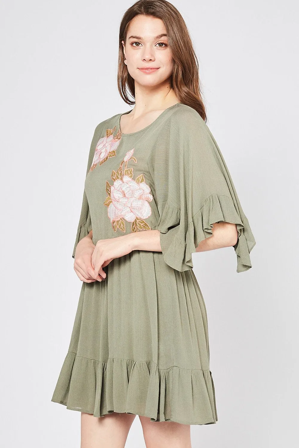 Floral Embroidered Boho Ruffle Hem Dress by Entro