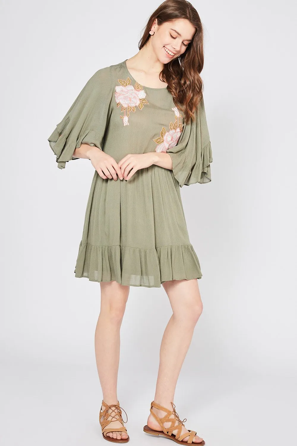 Floral Embroidered Boho Ruffle Hem Dress by Entro