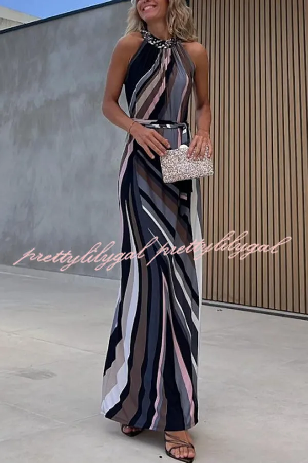 Flowing Elegance Colored Lines Printed Belt Halter Maxi Dress