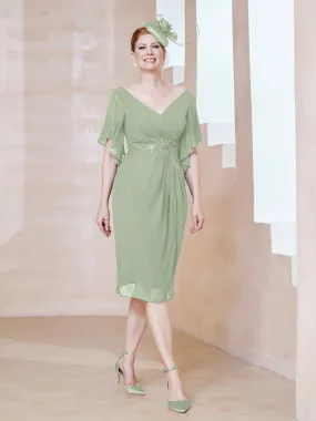 Flutter Sleeves V-neck Sequins Applique Decor Dress Dusty Sage