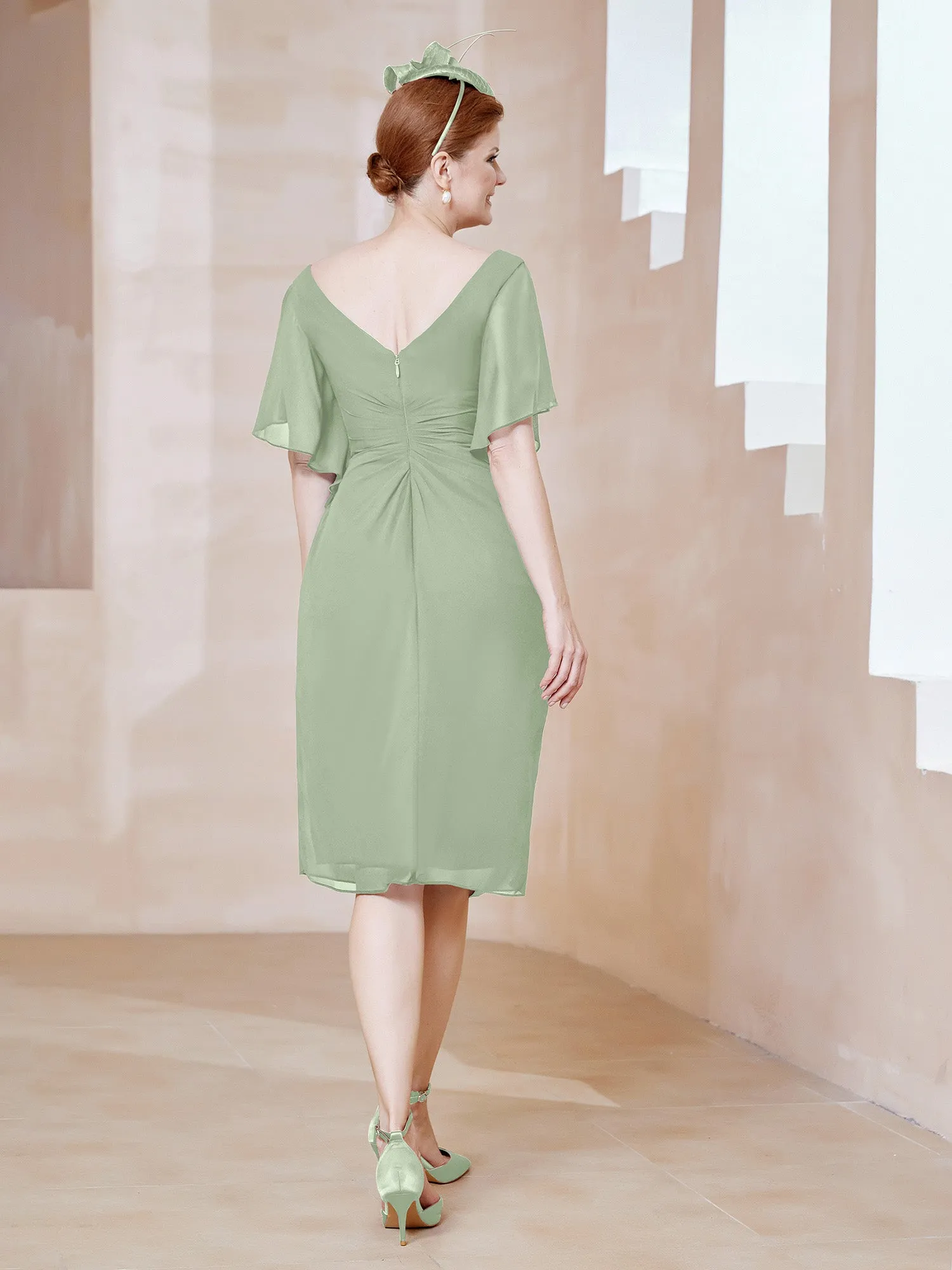 Flutter Sleeves V-neck Sequins Applique Decor Dress Dusty Sage