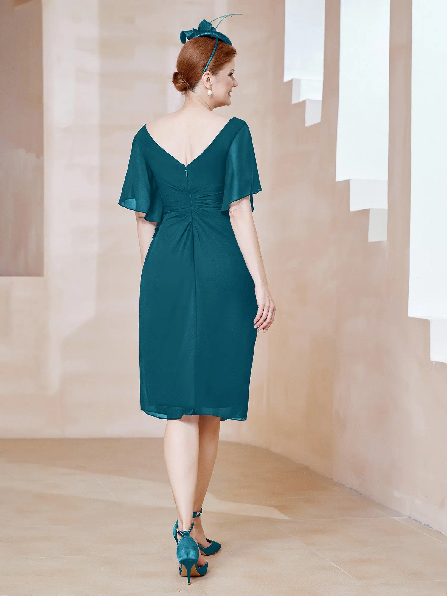 Flutter Sleeves V-neck Sequins Applique Decor Dress Ink Blue