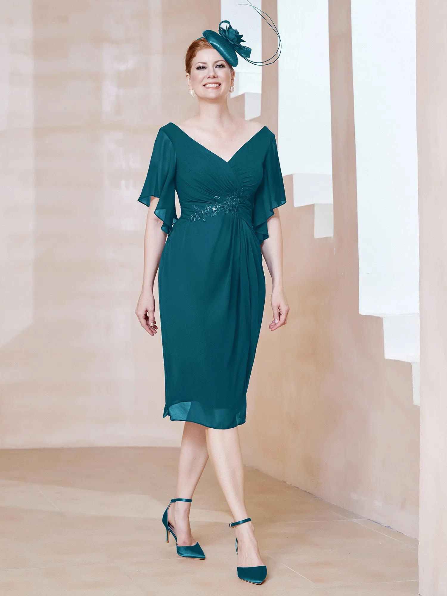 Flutter Sleeves V-neck Sequins Applique Decor Dress Ink Blue