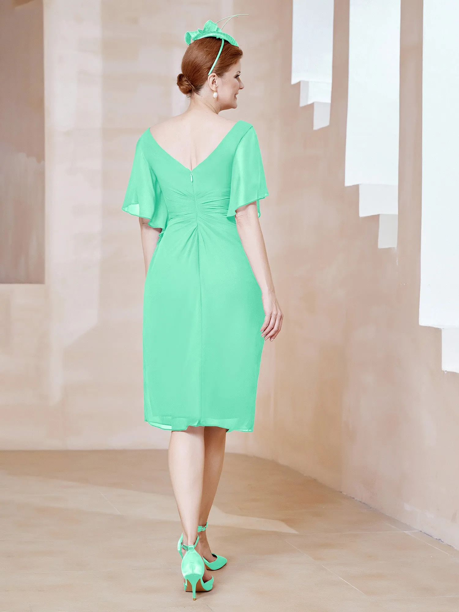 Flutter Sleeves V-neck Sequins Applique Decor Dress Turquoise