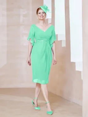 Flutter Sleeves V-neck Sequins Applique Decor Dress Turquoise