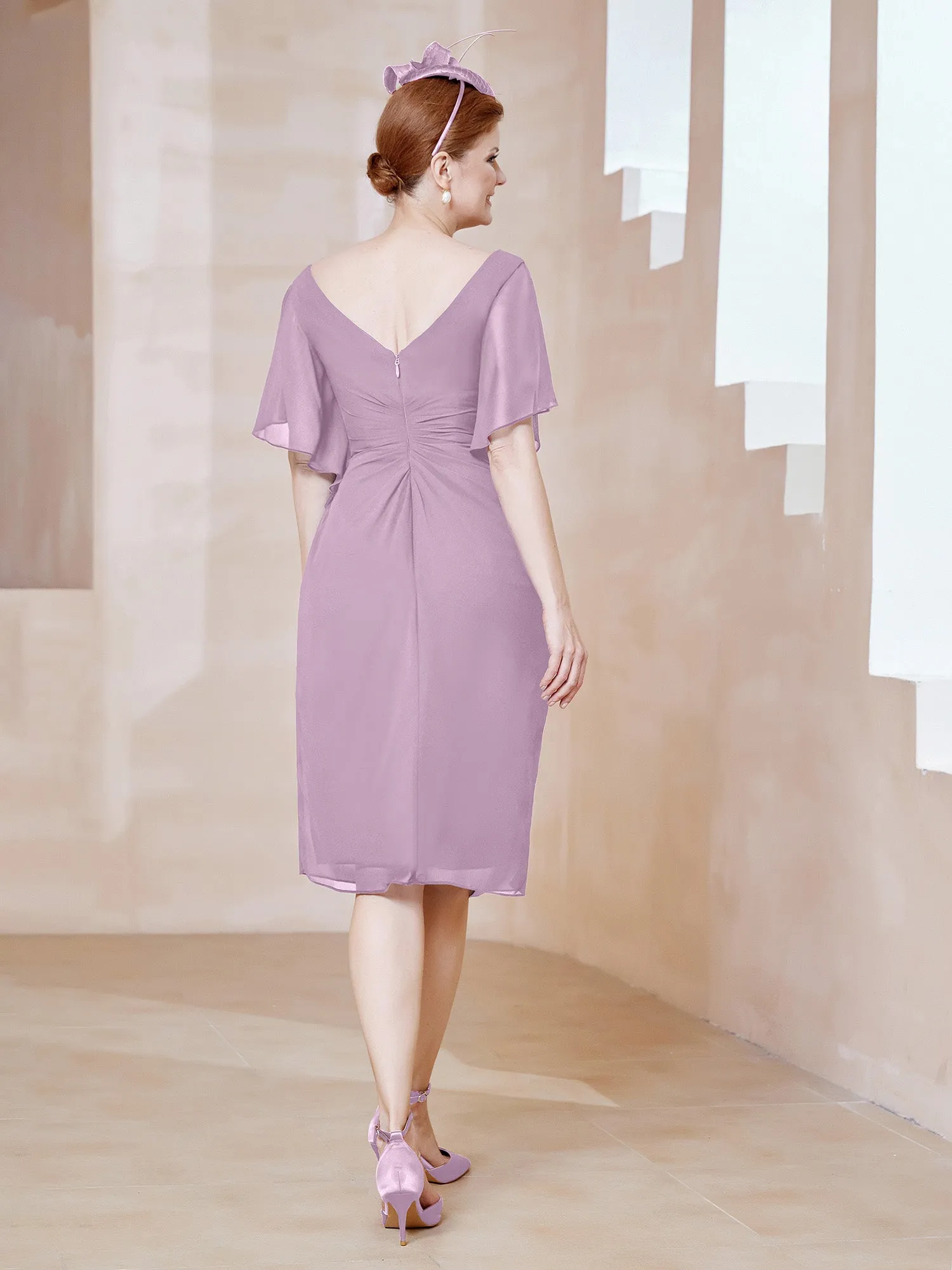 Flutter Sleeves V-neck Sequins Applique Decor Dress Wisteria