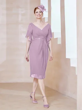 Flutter Sleeves V-neck Sequins Applique Decor Dress Wisteria