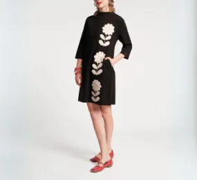 Frances Valentine - Annie Hi-Neck Posy Embroidered Wool Dress in Black and Oyster