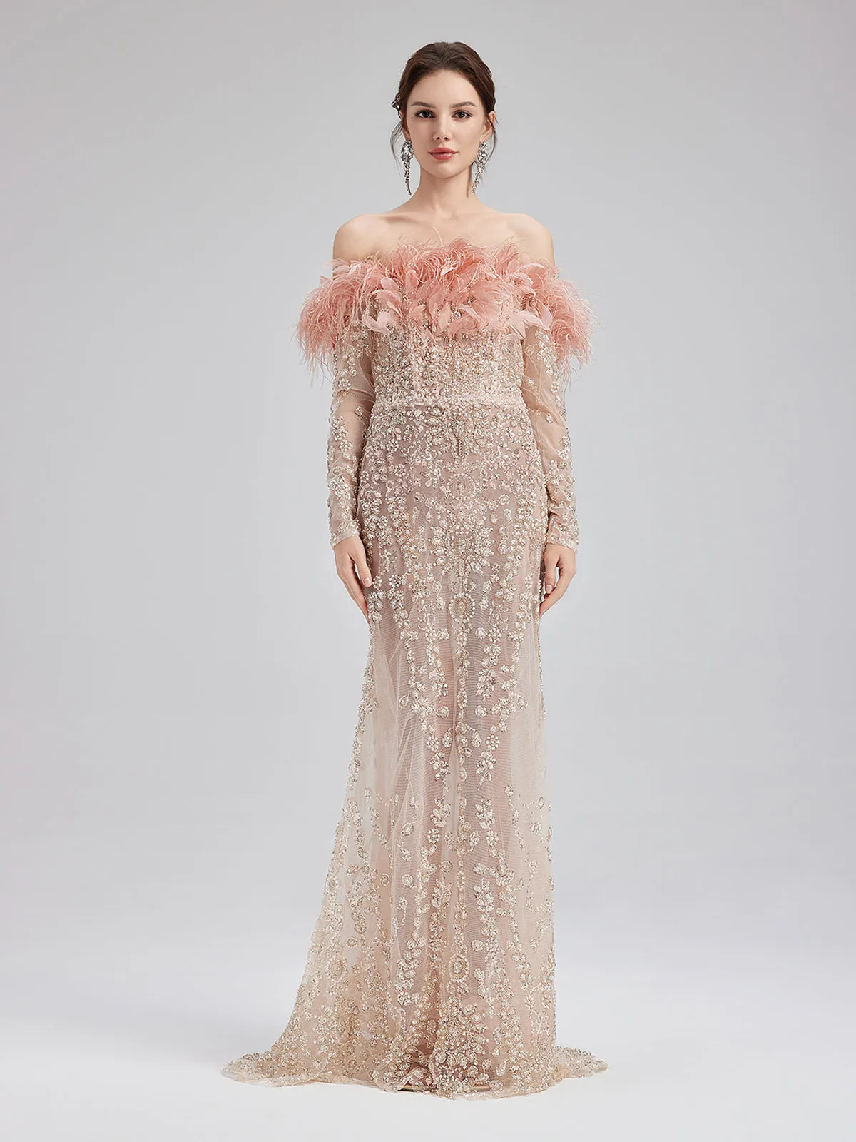 French Feather-Beaded Mermaid Gown