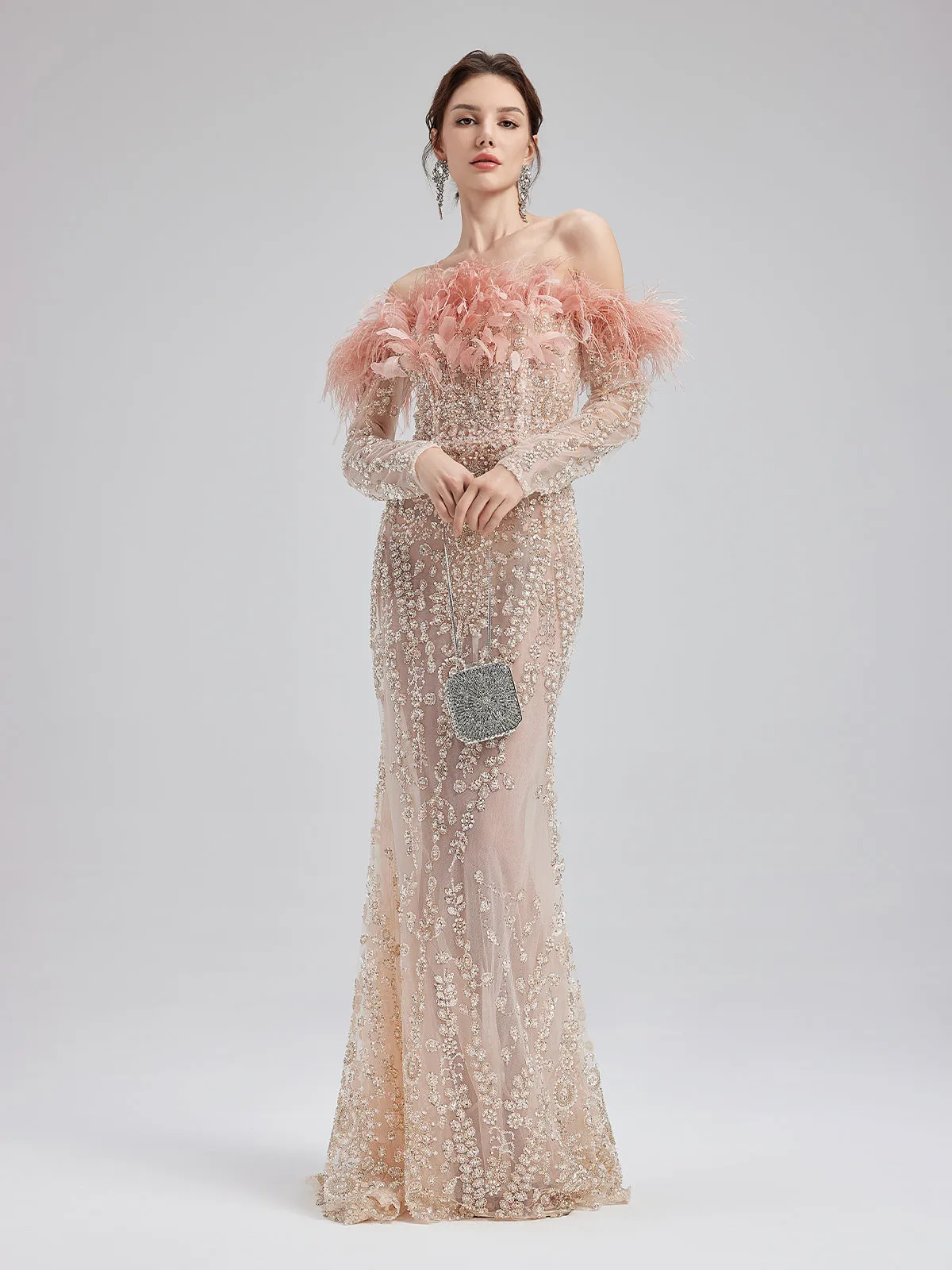 French Feather-Beaded Mermaid Gown