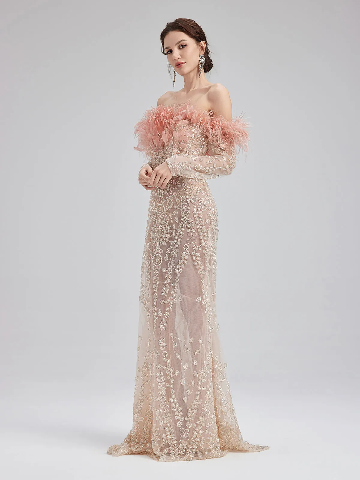 French Feather-Beaded Mermaid Gown