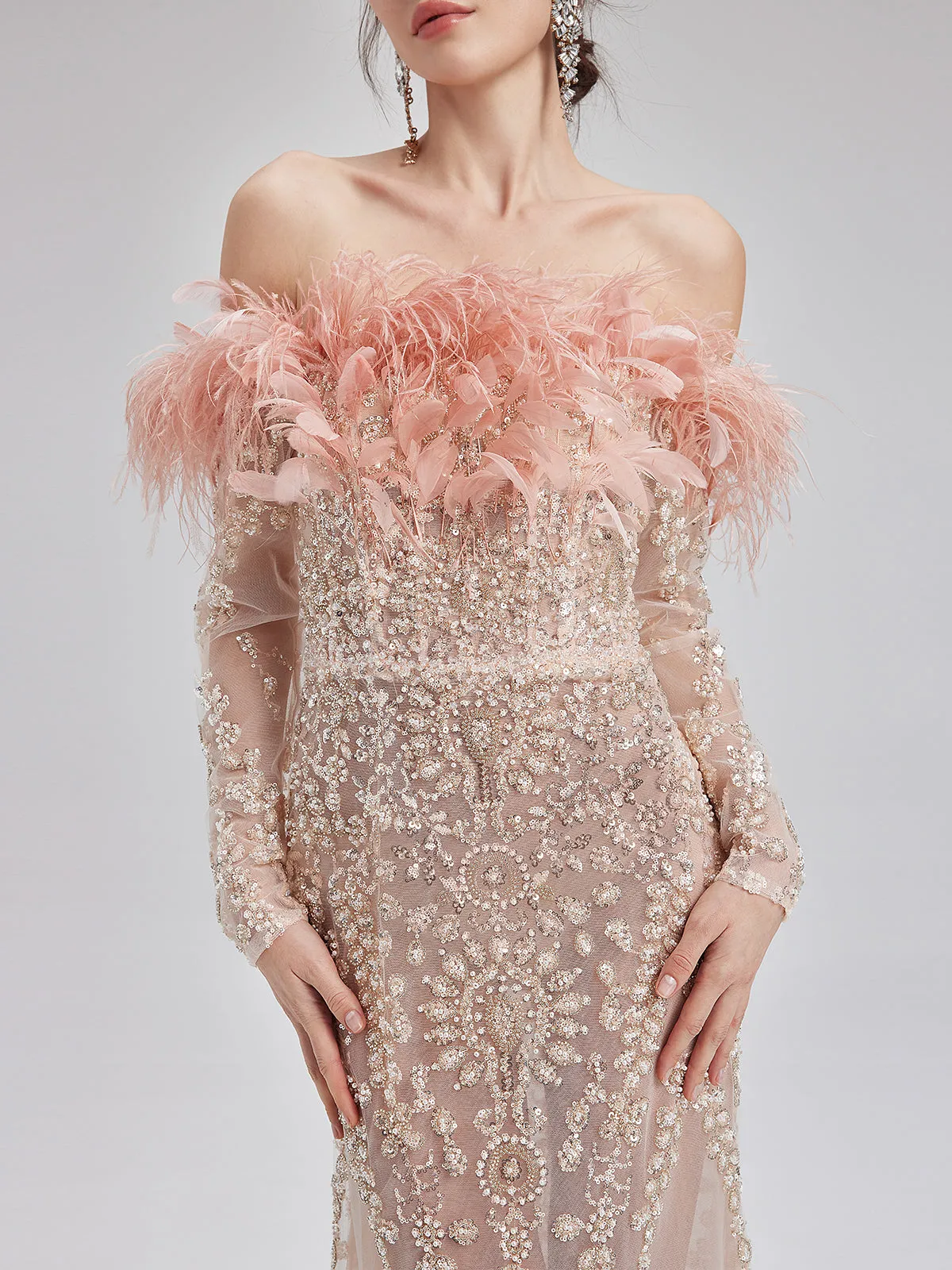 French Feather-Beaded Mermaid Gown