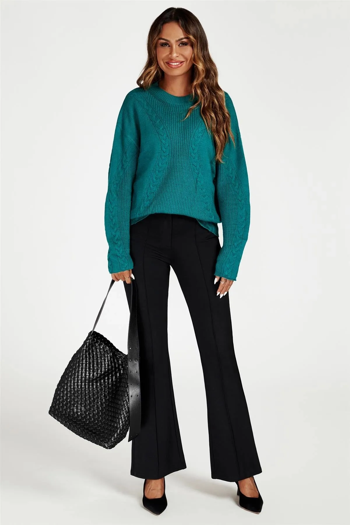 FS Collection Cable Knit Crew Neck Green Jumper