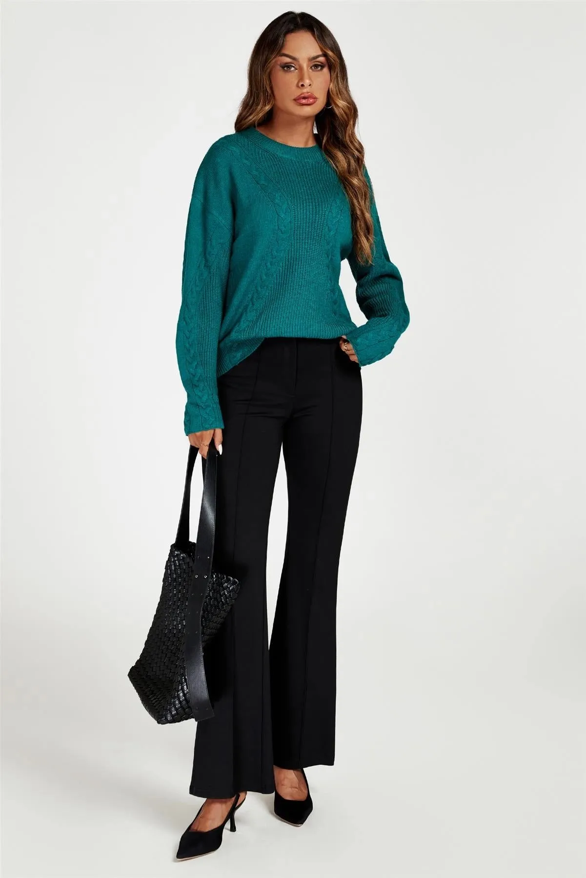 FS Collection Cable Knit Crew Neck Green Jumper