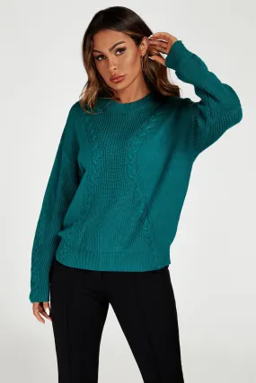 FS Collection Cable Knit Crew Neck Green Jumper