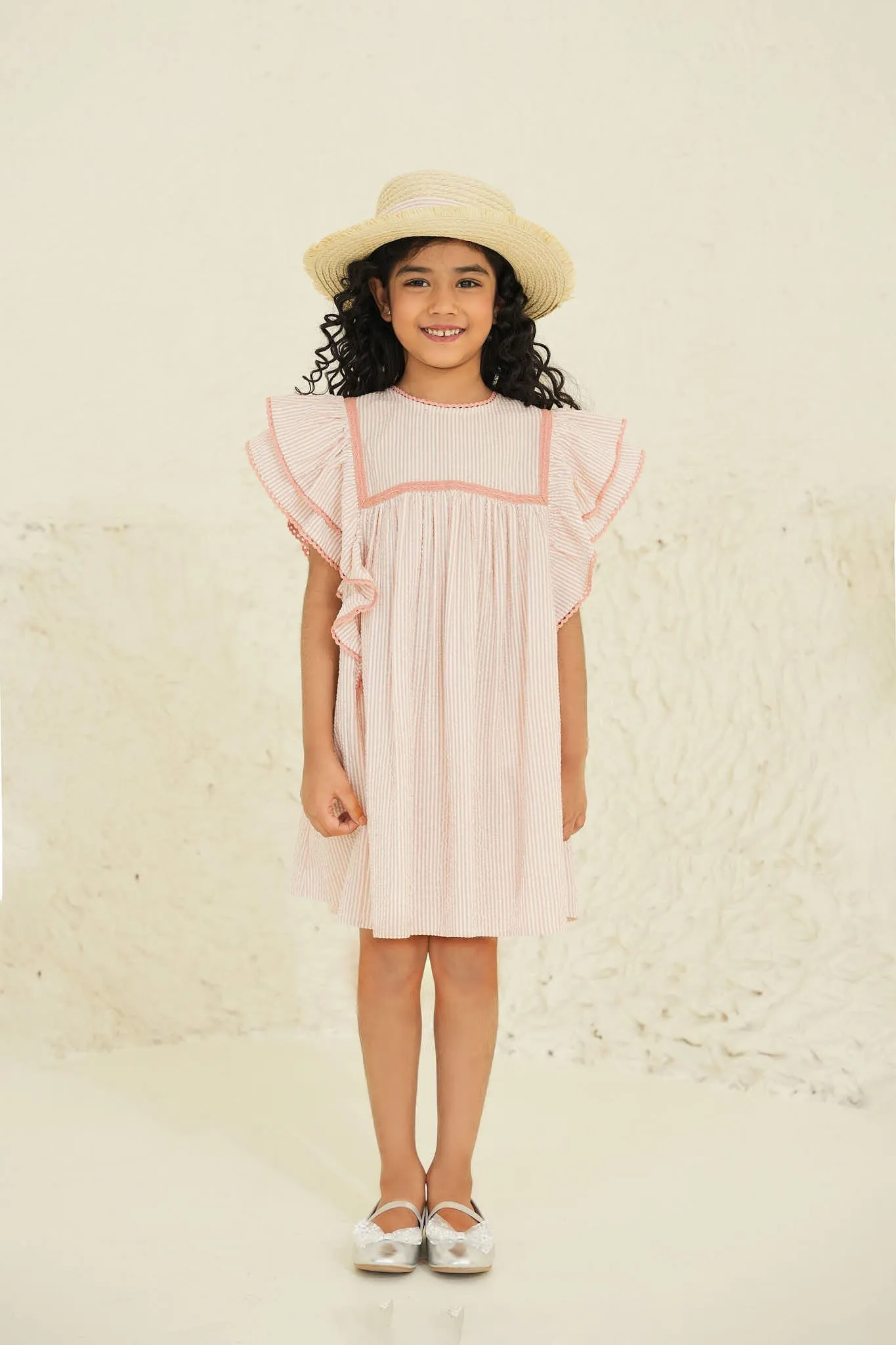 Georgia Cotton Girl Dress - Peach Stripes