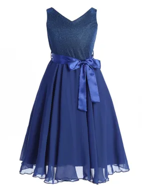 Girls Royal Blue Glitter V Neckline Flower Girl Dress 10