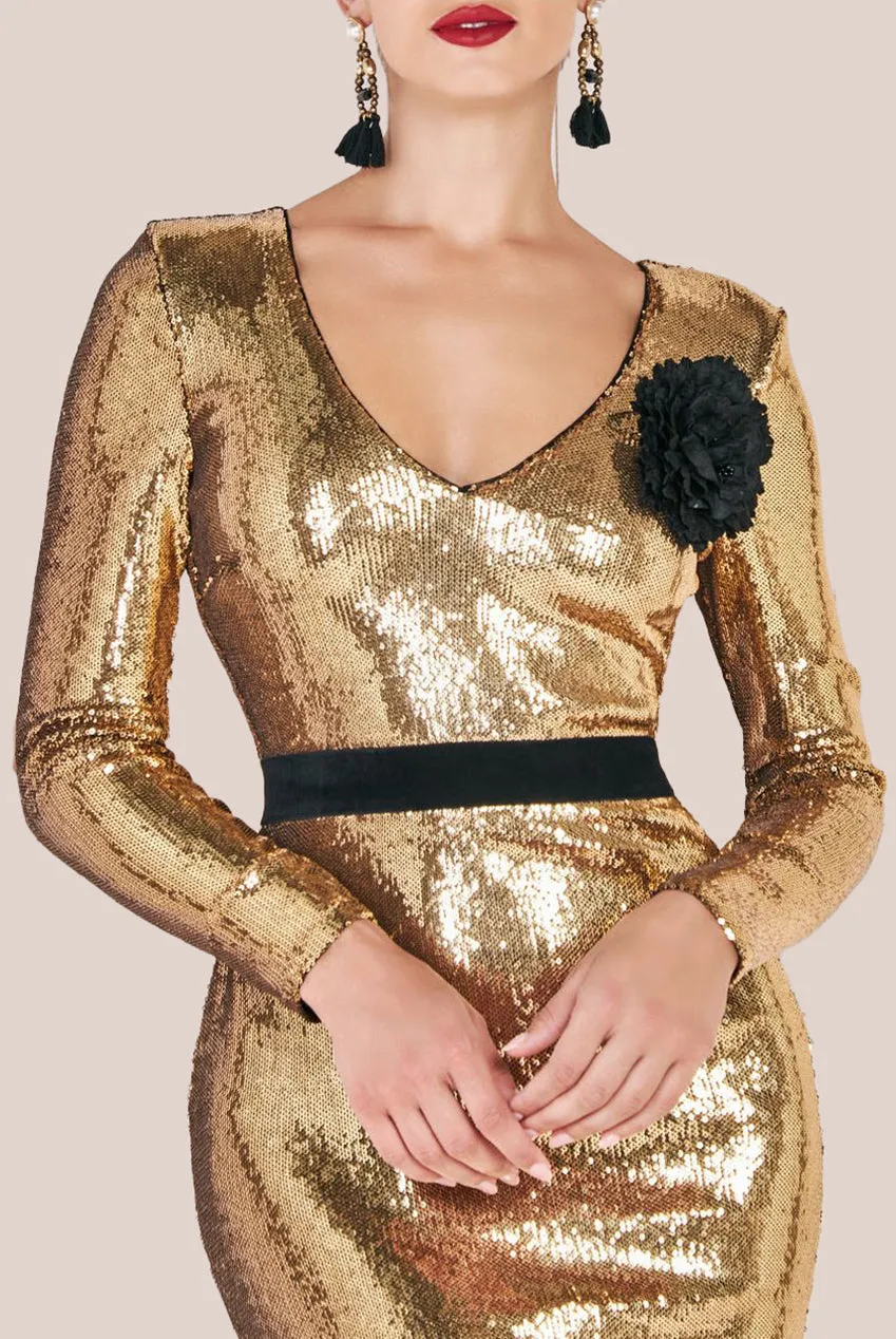 Goddiva Liquid Sequin Corsage Maxi Dress - Gold