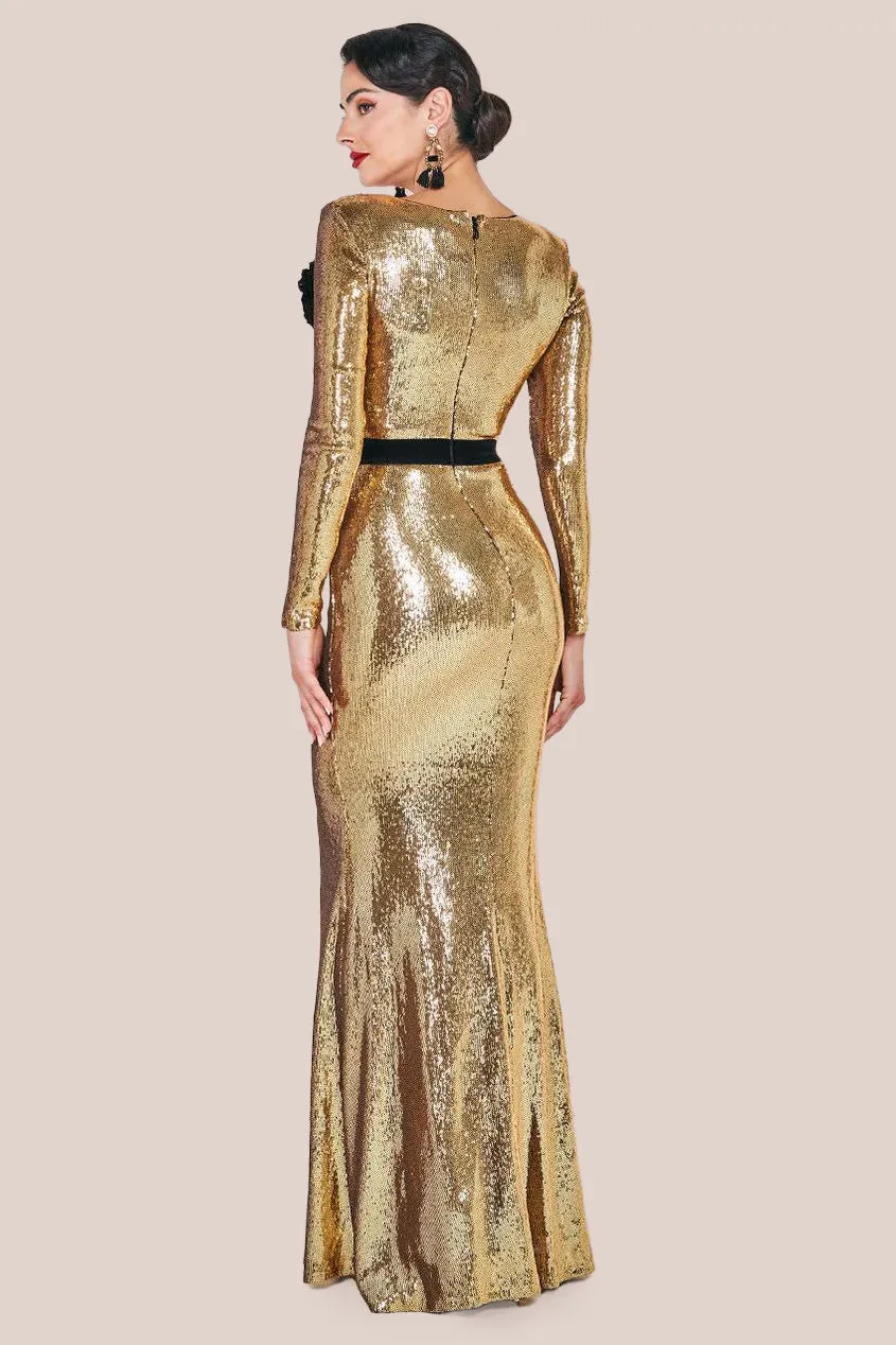 Goddiva Liquid Sequin Corsage Maxi Dress - Gold