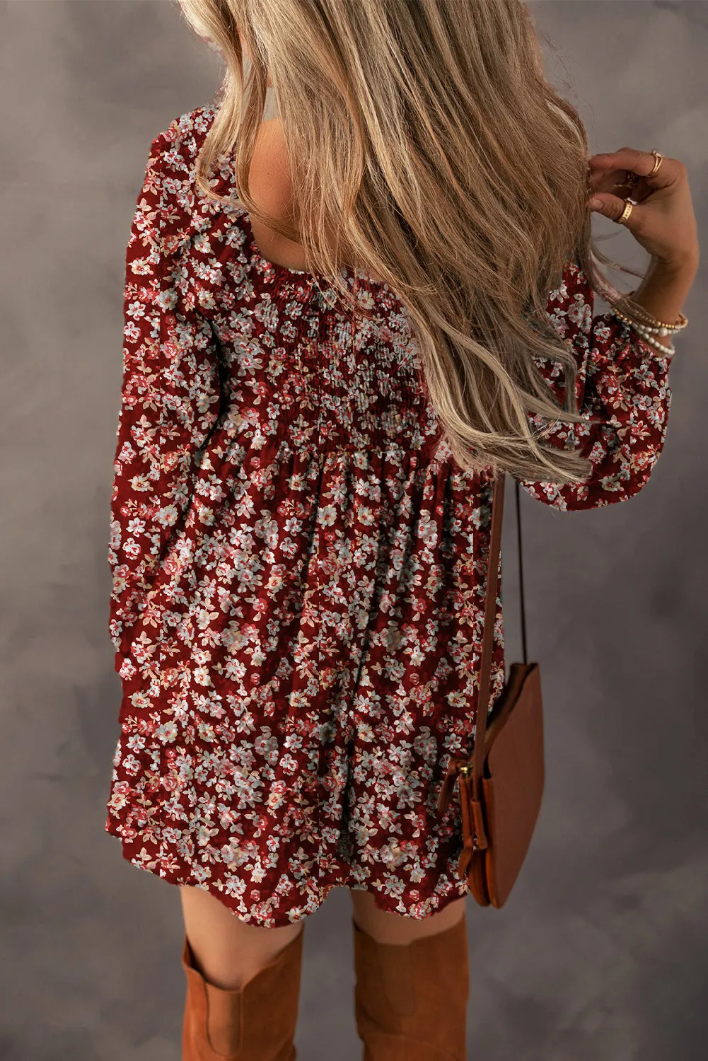 Green Floral Print Sweetheart Neck Shirred Back Mini Dress