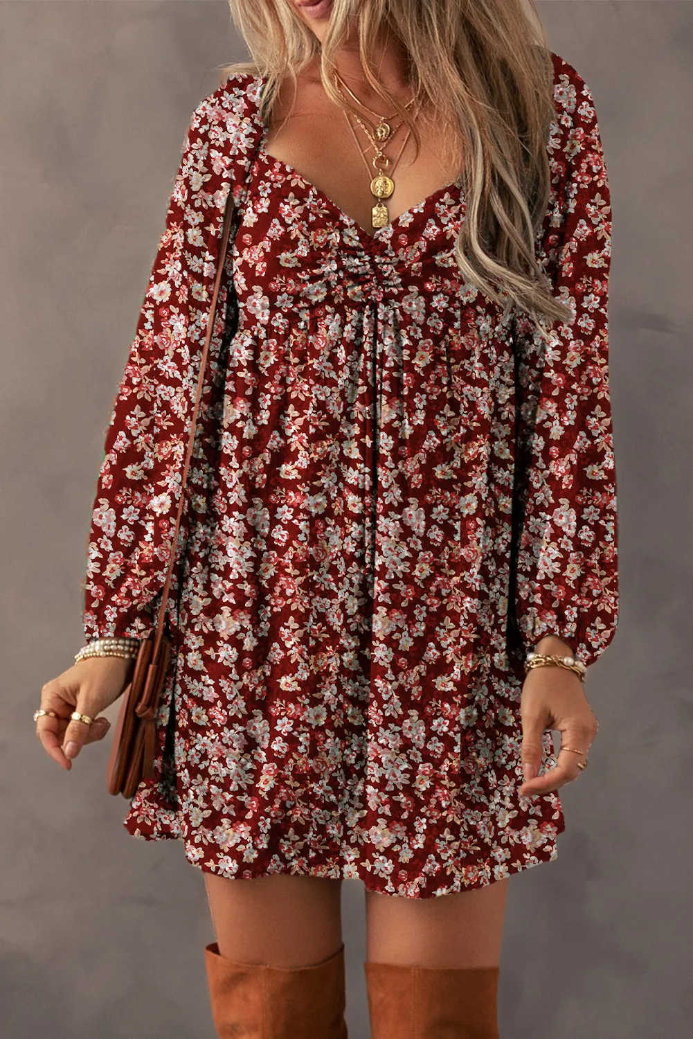 Green Floral Print Sweetheart Neck Shirred Back Mini Dress