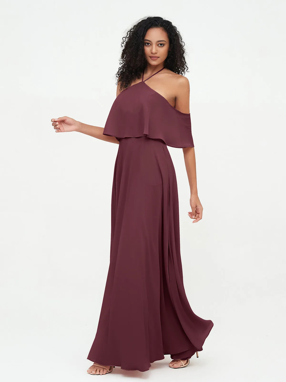 Halter Off the Shoulder Max Dresses with Pockets-Cabernet