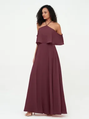 Halter Off the Shoulder Max Dresses with Pockets-Cabernet