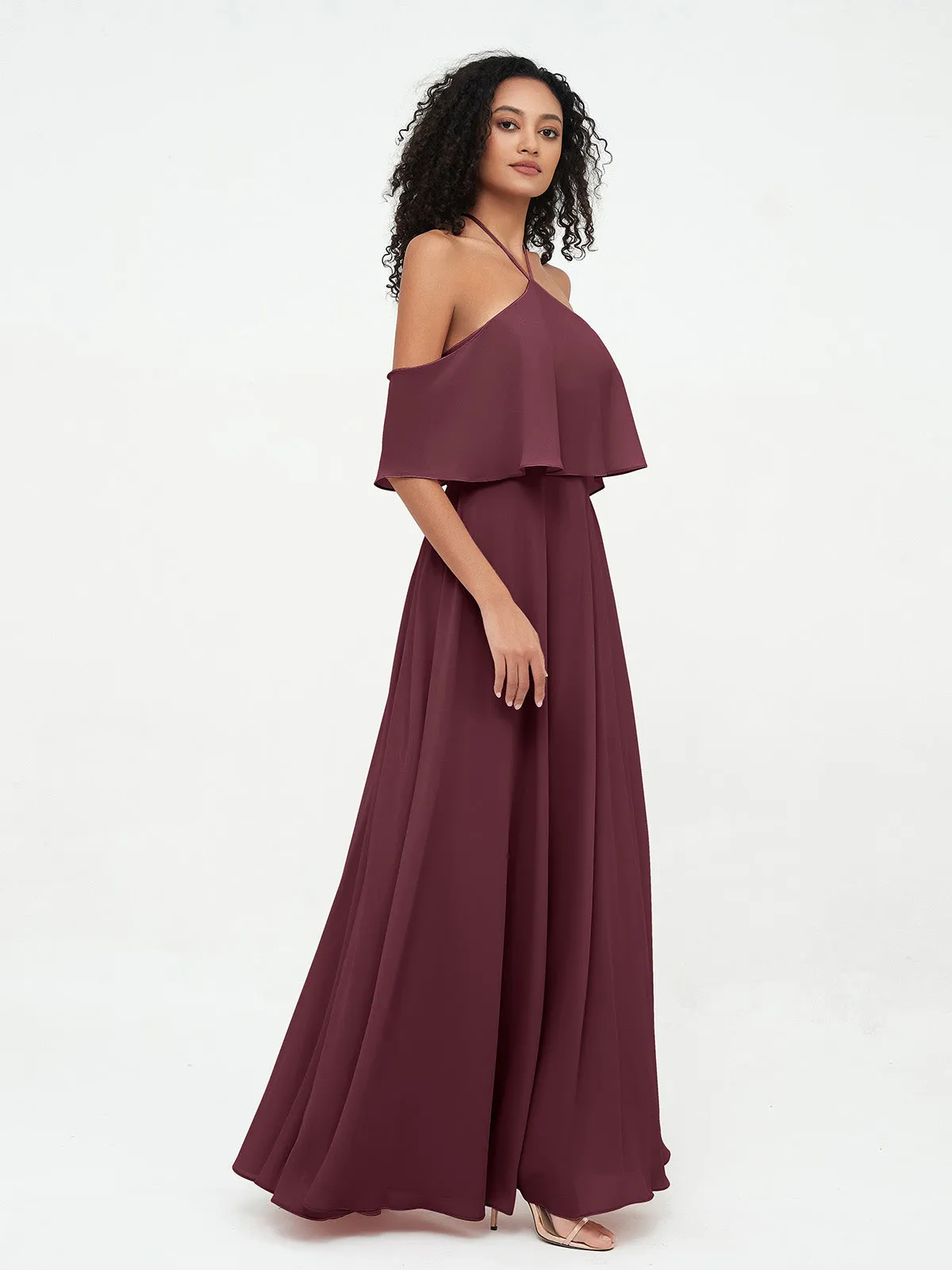 Halter Off the Shoulder Max Dresses with Pockets-Cabernet