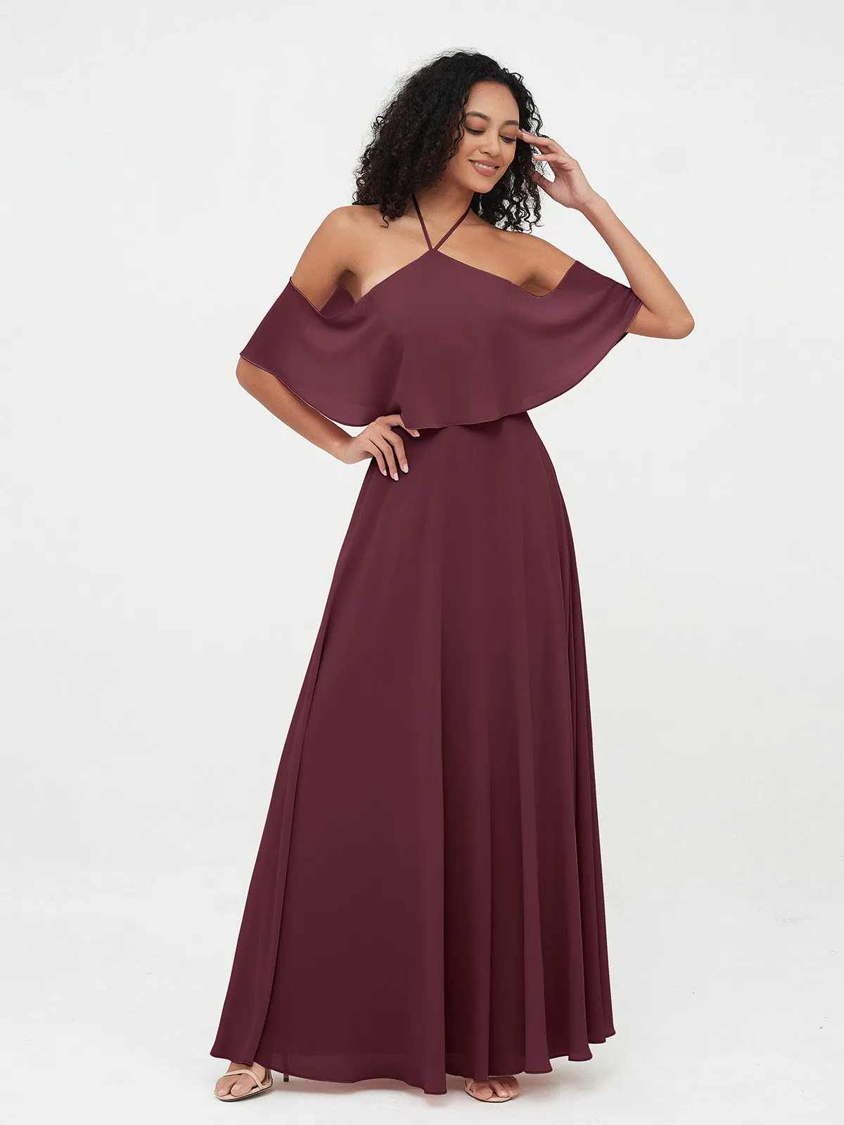 Halter Off the Shoulder Max Dresses with Pockets-Cabernet