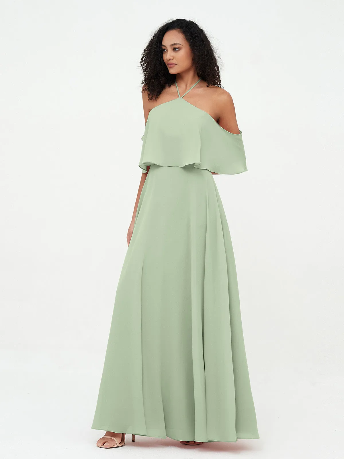 Halter Off the Shoulder Max Dresses with Pockets-Dusty Sage
