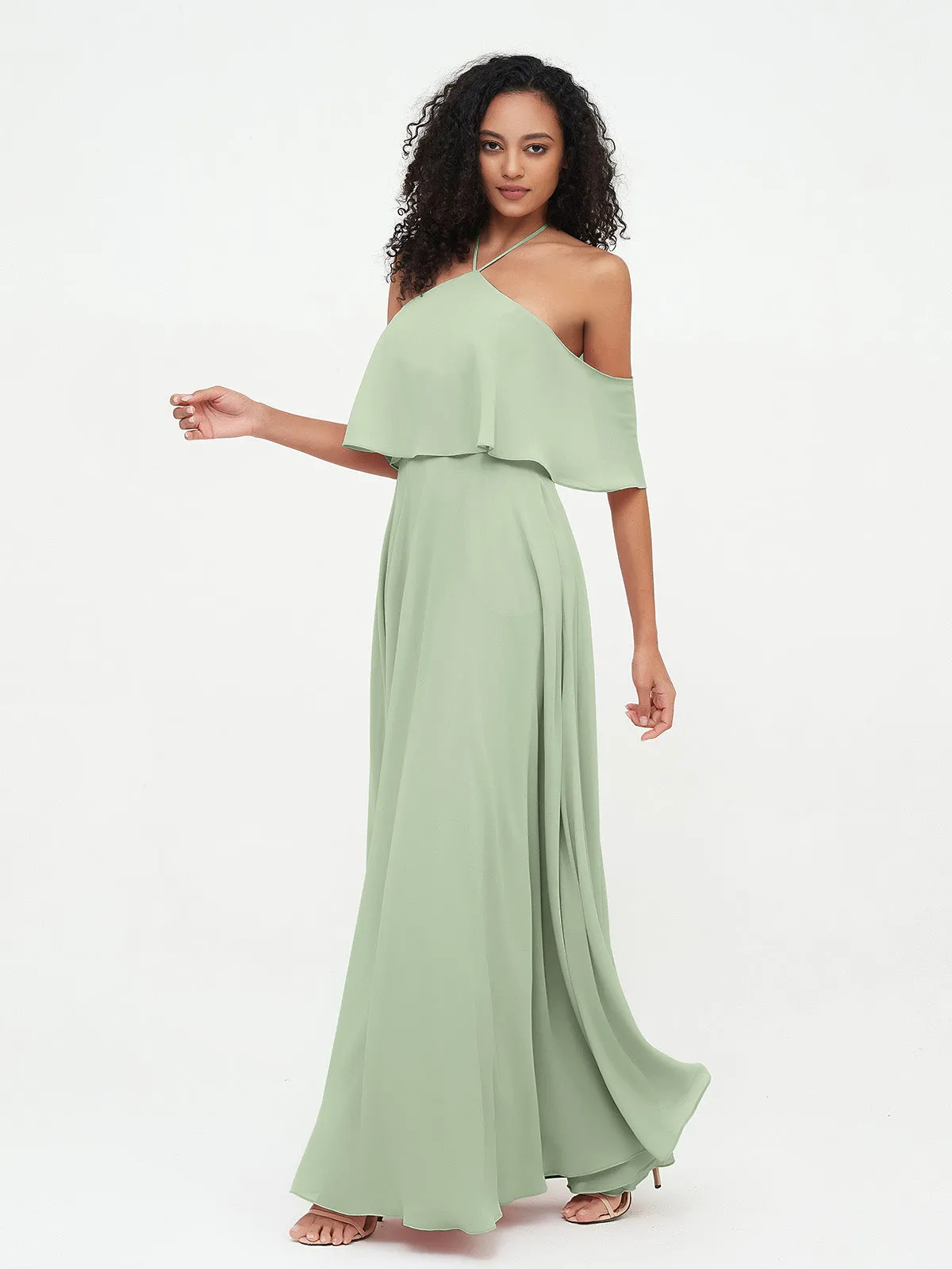 Halter Off the Shoulder Max Dresses with Pockets-Dusty Sage