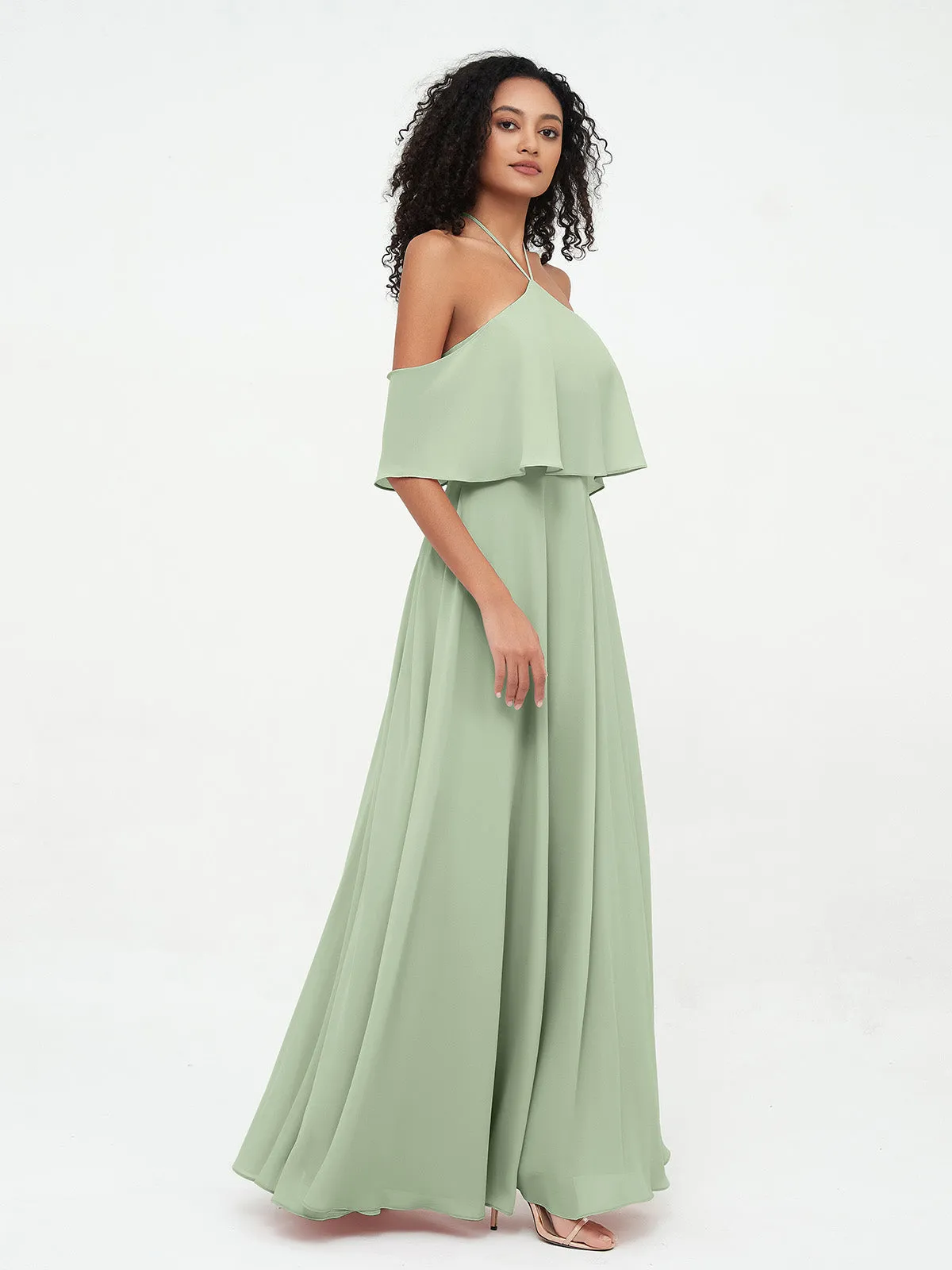 Halter Off the Shoulder Max Dresses with Pockets-Dusty Sage