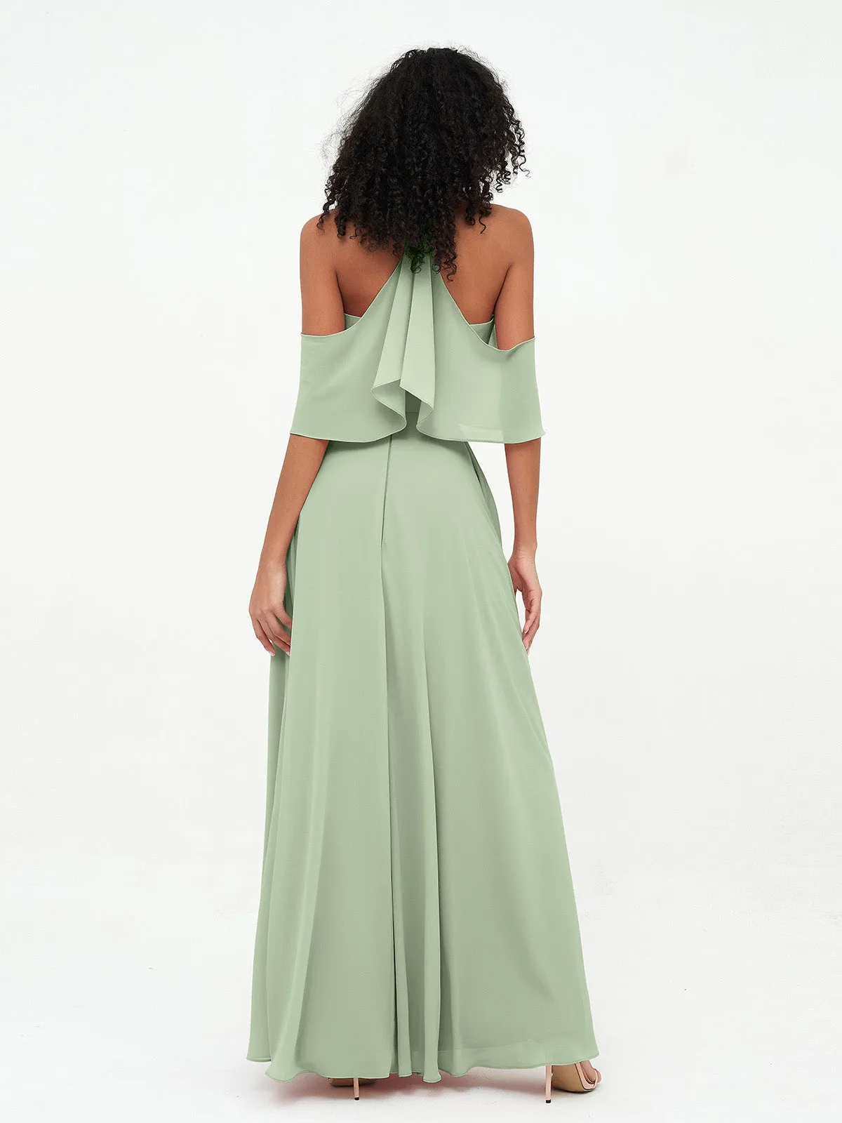Halter Off the Shoulder Max Dresses with Pockets-Dusty Sage