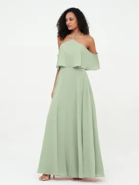 Halter Off the Shoulder Max Dresses with Pockets-Dusty Sage